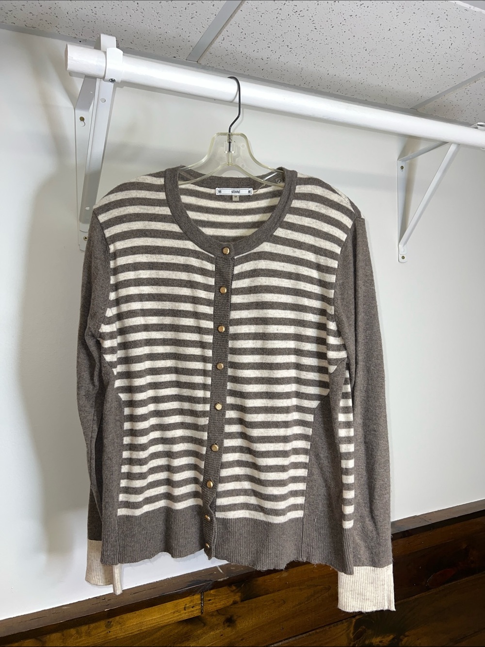 Sioni‎ Striped Button-Front Cardigan in Brown & Cream Cashmere Blend- M